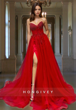 Red Sweetheart A-Line Tulle Prom Dress Applique Beaded Strapless Ball Gown