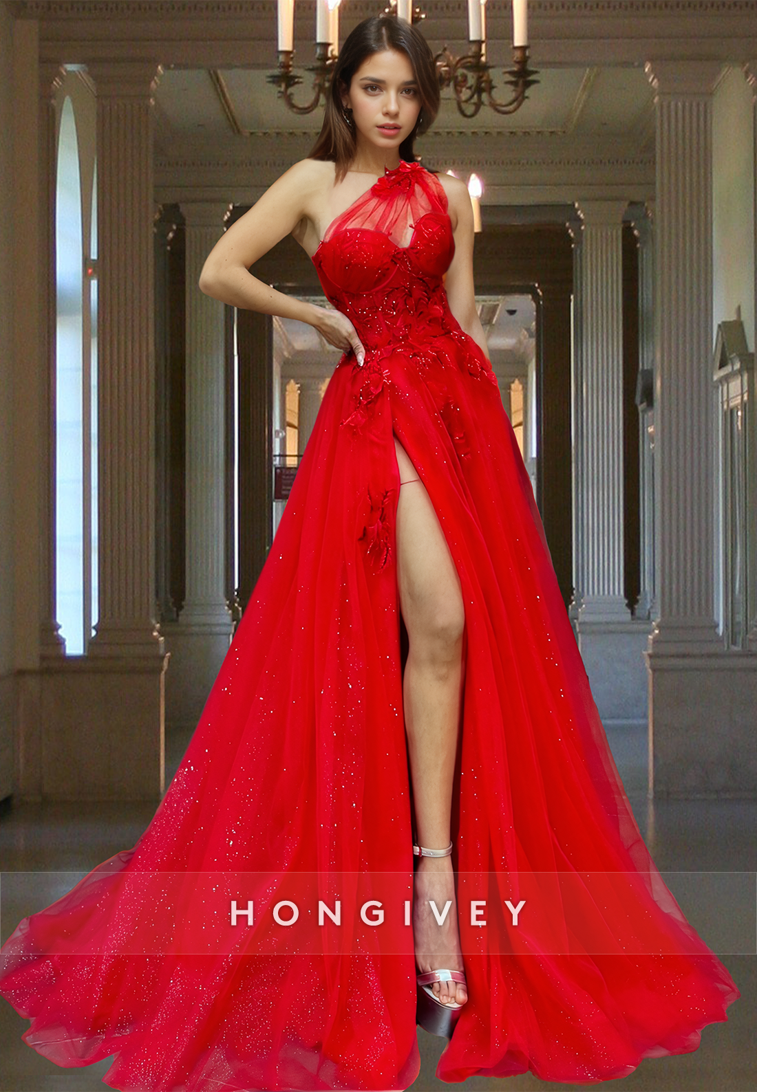 red prom dress 2025 One Shoulder A-Line High Slit Ball Gown HONGIVEY halter neck bodycon dress Australia Little Black Dress with lace applique Color:Dusty Rose  (RosyBrown)