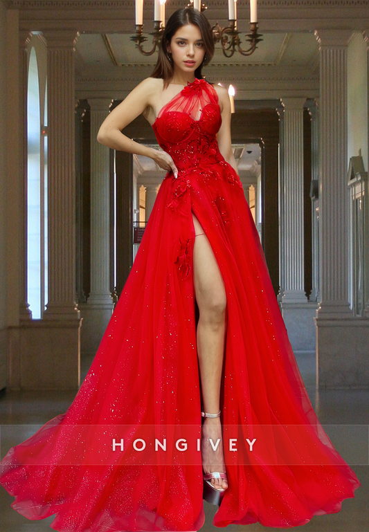 Red One Shoulder A-Line High Slit Prom Dress Ball Gown 2025 HONGIVEY