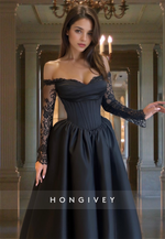 Black Long Sleeves Lace Applique A-Line Evening Dress Ball Gown HONGIVEY