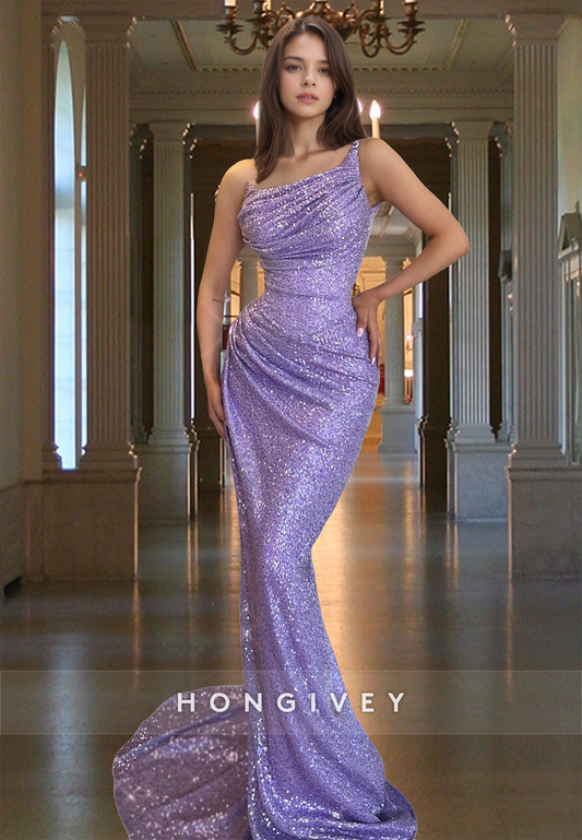 Sparkle Purple Sequined Ruched Mermaid Evening Dress Formal Gown HONGIVEY