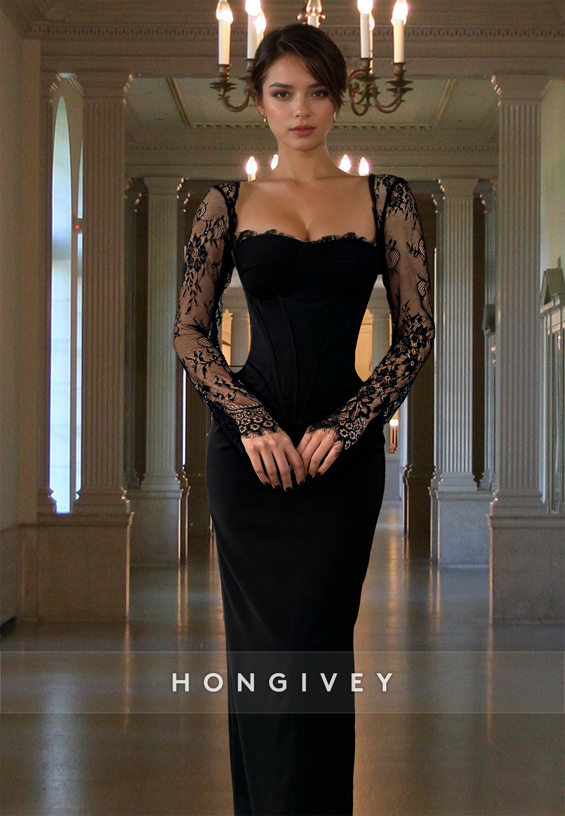 Sexy Black Fitted Empire Sheer Sleeves Evening Dress Formal Gown HONGIVEY