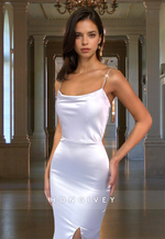 White Square Straps Trumpet Satin Evening Dress Simple Casual Gown HONGIVEY