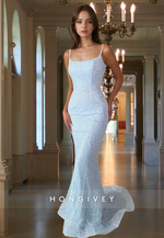 White Sequined Mermaid Evening Dress Square Straps Fitted Formal Gown HONGIVEY