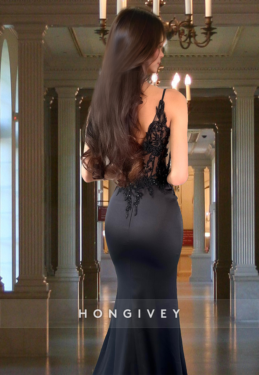 Sexy Black V-Neck Sheer Open Back Mermaid Evening Dress Gown HONGIVEY