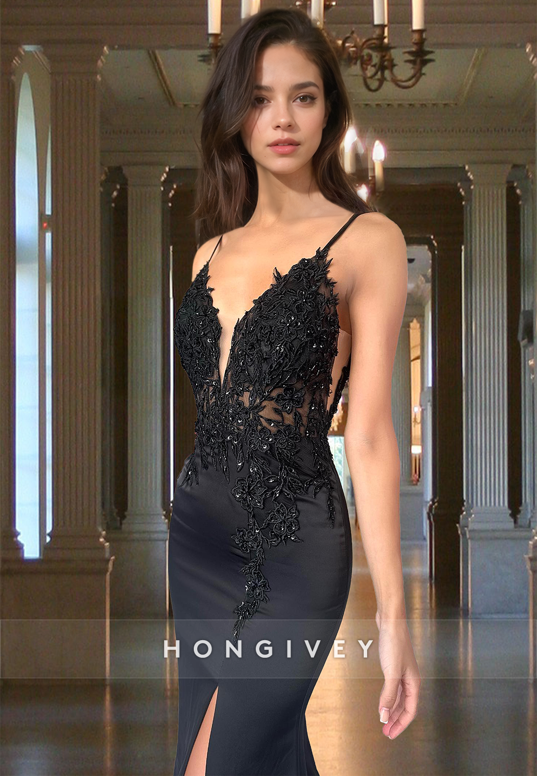 Sexy Black V-Neck Sheer Open Back Mermaid Evening Dress Gown HONGIVEY