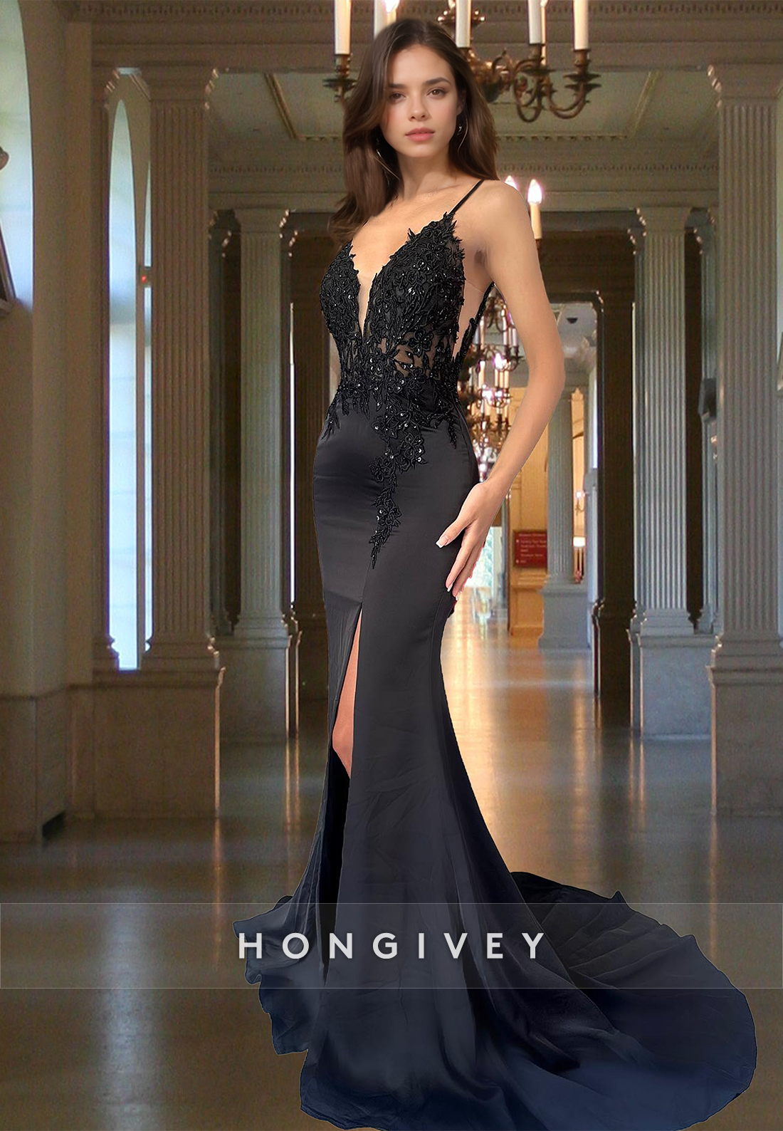 Sexy Black V-Neck Sheer Open Back Mermaid Evening Dress Gown HONGIVEY