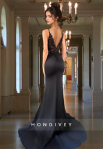 Sexy Black V-Neck Sheer Open Back Mermaid Evening Dress Gown HONGIVEY