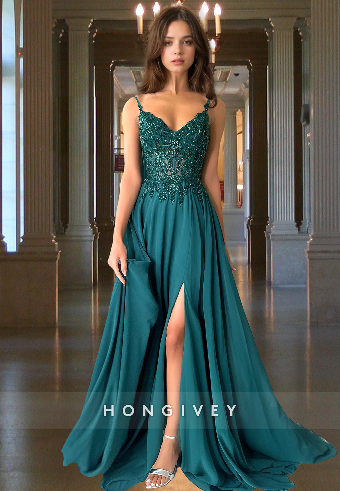 A-Line Spaghetti Straps Applique Dark Green Evening Dress Formal Gown