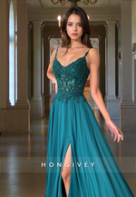 A-Line Spaghetti Straps Applique Dark Green Evening Dress Formal Gown