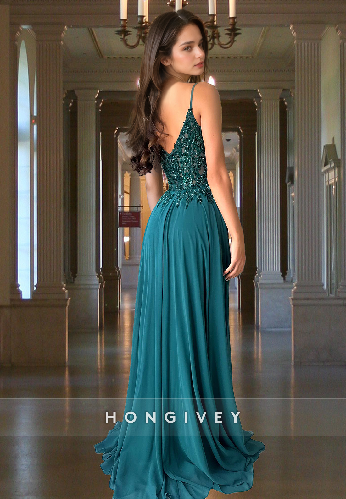 A-Line Spaghetti Straps Applique Dark Green Evening Dress Formal Gown