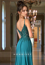 A-Line Spaghetti Straps Applique Dark Green Evening Dress Formal Gown