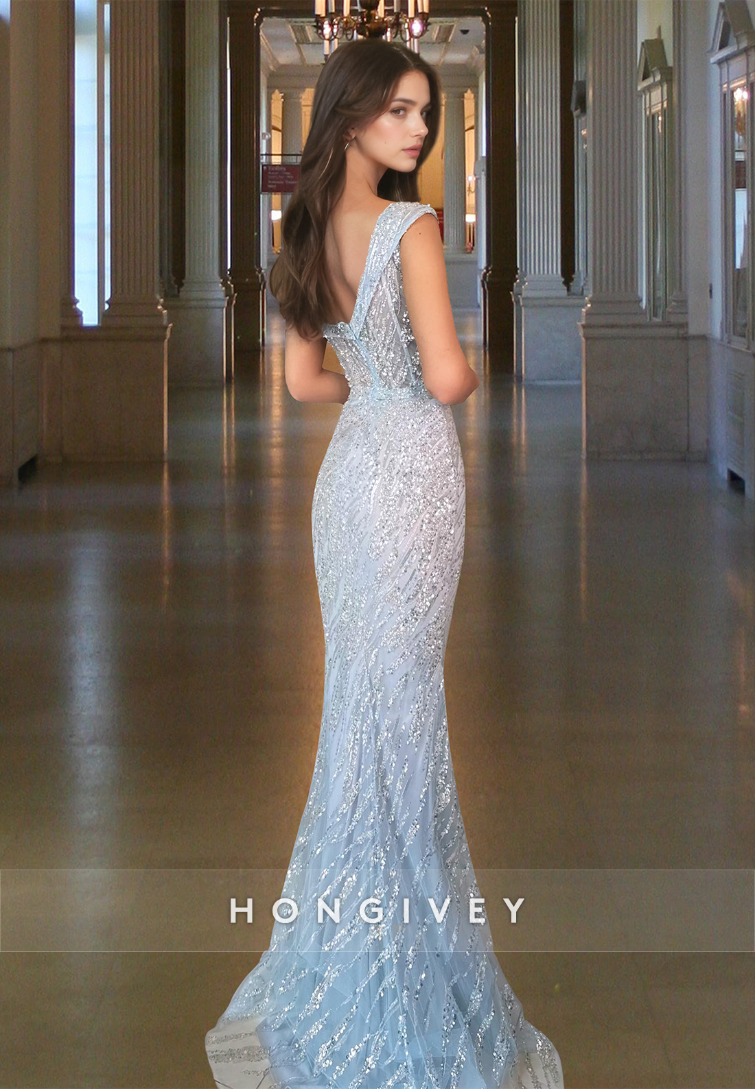 Silver Sequined Straps Empire Mermaid Evening Dress Formal Gown HONGIVEY