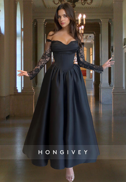 Black Long Sleeves Lace Applique A-Line Evening Dress Ball Gown HONGIVEY