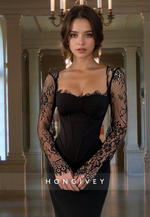 Sexy Black Fitted Empire Sheer Sleeves Evening Dress Formal Gown HONGIVEY