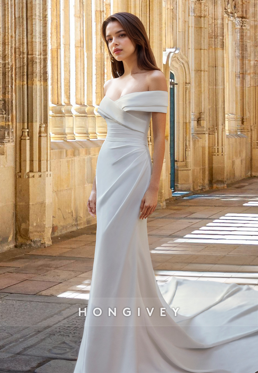 Off-Shoulder Ruched with Train Mermaid Wedding Dress Bride Gown HONGIVEY