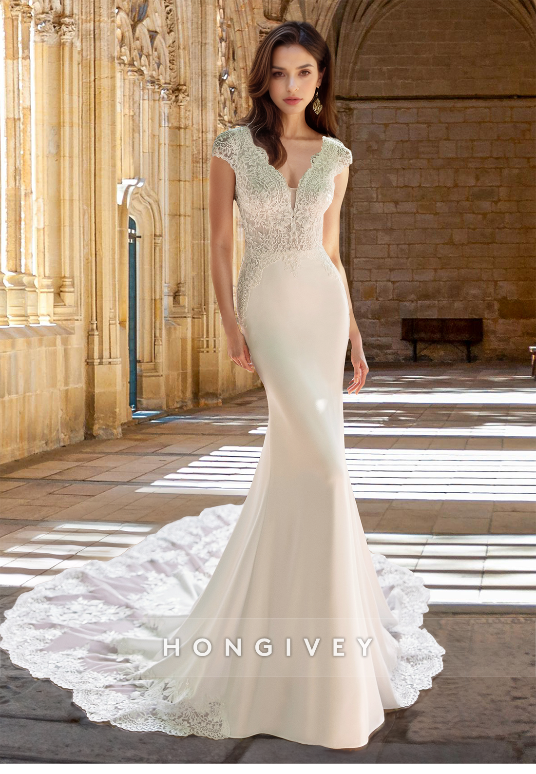 Empire V-Neck Lace Applique Mermaid with Train Wedding Dress HONGIVEY