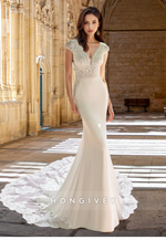 Empire V-Neck Lace Applique Mermaid with Train Wedding Dress HONGIVEY