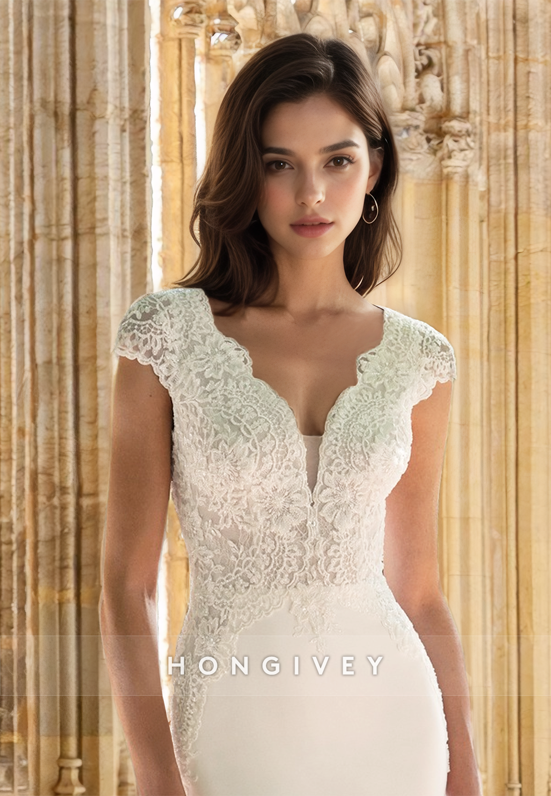 Empire V-Neck Lace Applique Mermaid with Train Wedding Dress HONGIVEY