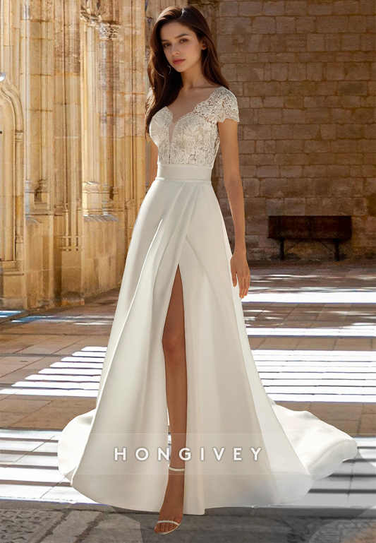 Short Sleeves A-Line with Slit Applique  Wedding Dress HONGIVEY