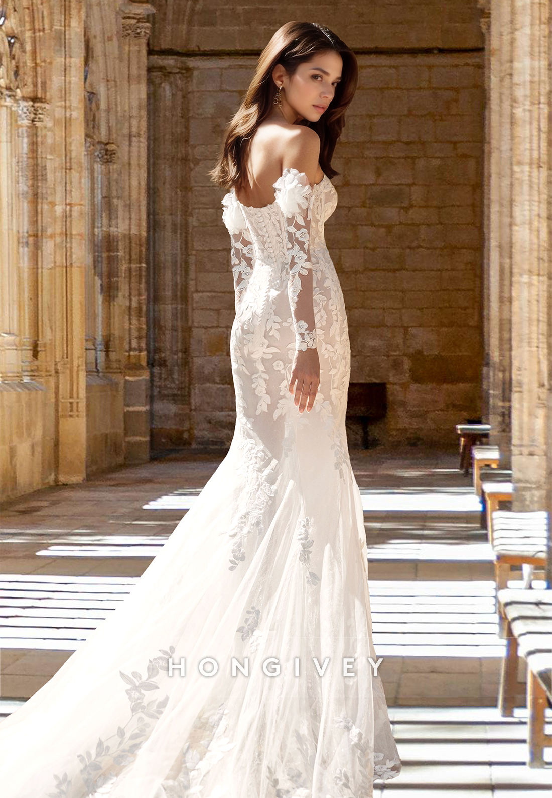 Chic Off-Shoulder Sleeves Applique with Train Tulle Wedding Dress