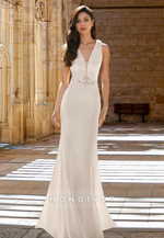 Sexy V-Neck Sheath Floor-Length Open Back Wedding Dress HONGIVEY