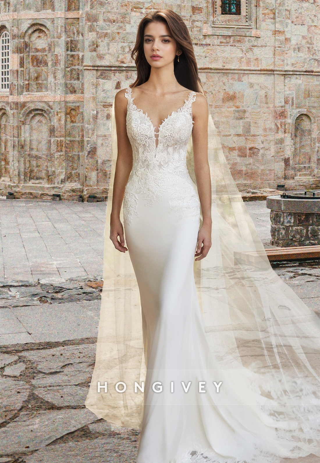 Chic Spaghetti Straps Applique Trumpet Satin Wedding Dress HONGIVEY