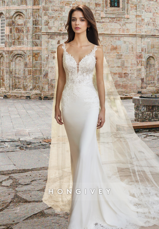 Chic Spaghetti Straps Applique Trumpet Satin Wedding Dress HONGIVEY