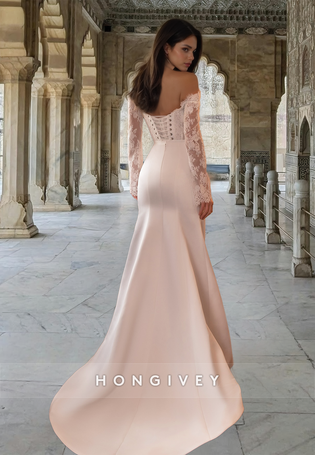 Sexy Sheer Slit Sleeves Lace Applique with Train Wedding Dress HONGIVEY