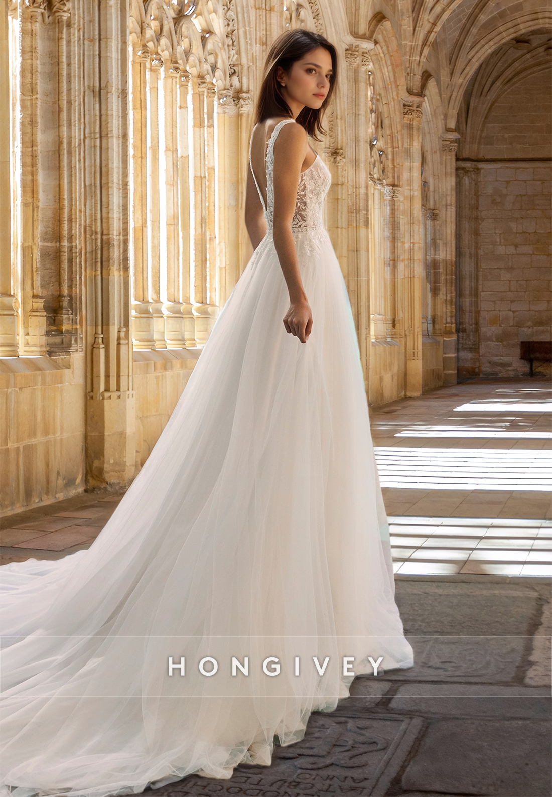 Sexy V-Neck Applique A-Line Tulle with Train Wedding Dress HONGIVEY