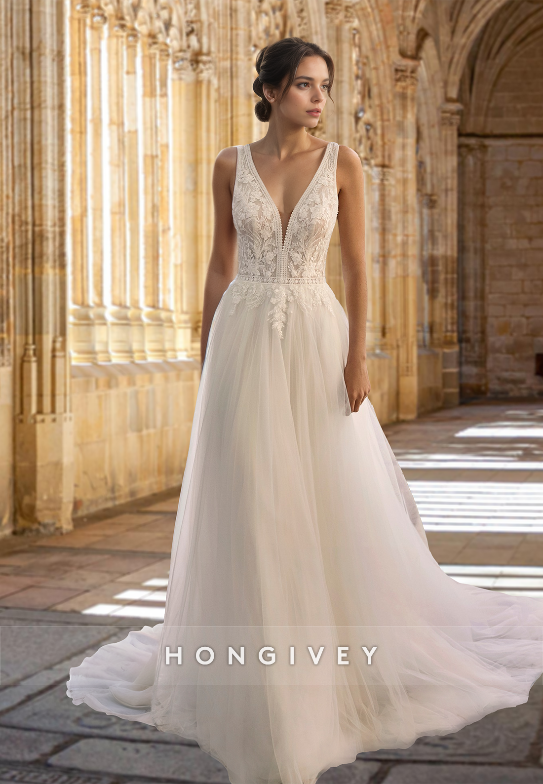 Sexy V-Neck Applique A-Line Tulle with Train Wedding Dress HONGIVEY