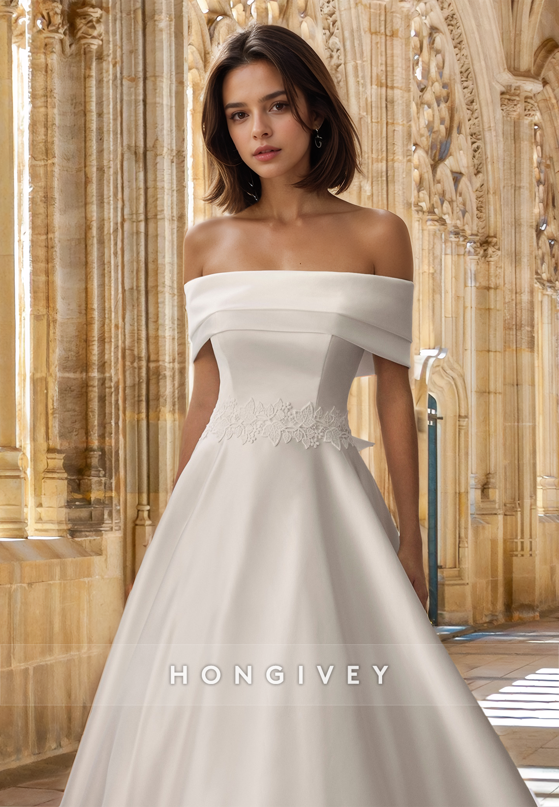 Off-Shoulder Bow A-Line with Train Wedding Dress Bride Gown HONGIVEY