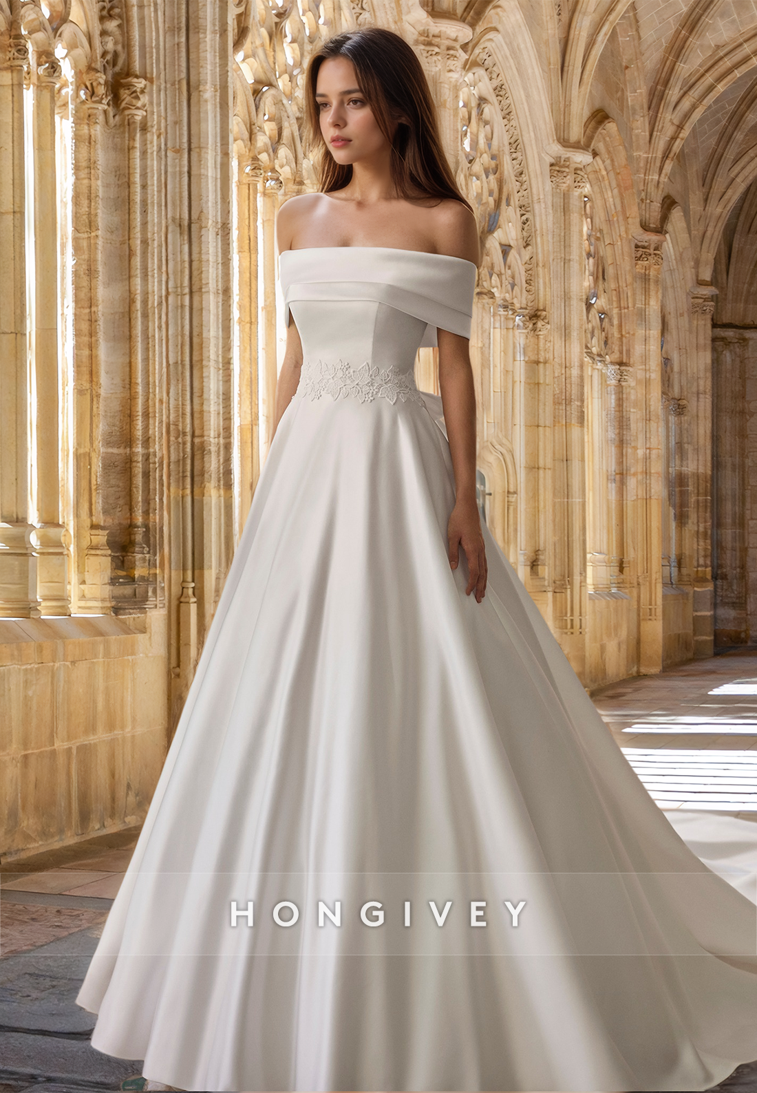 Off-Shoulder Bow A-Line with Train Wedding Dress Bride Gown HONGIVEY