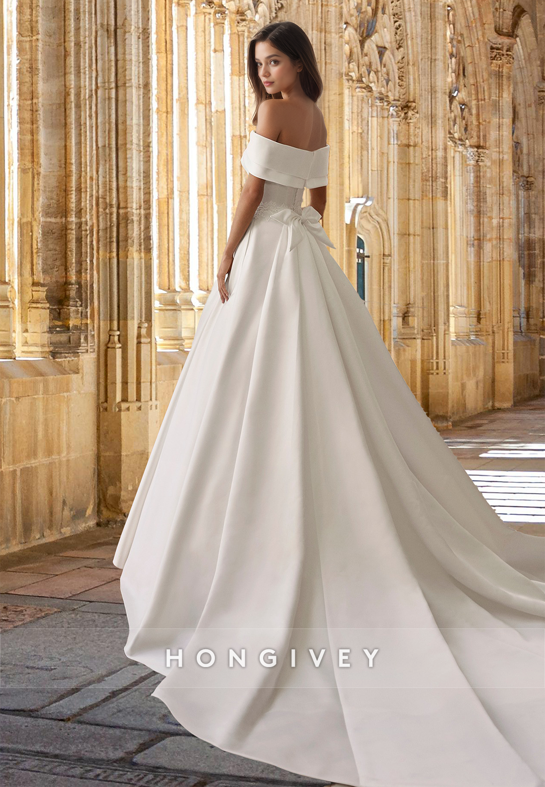 Off-Shoulder Bow A-Line with Train Wedding Dress Bride Gown HONGIVEY