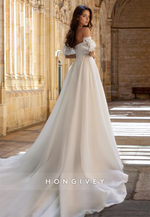 Chic Ruched Short Sleeves Strapless A-Line Tulle Wedding Dress HONGIVEY