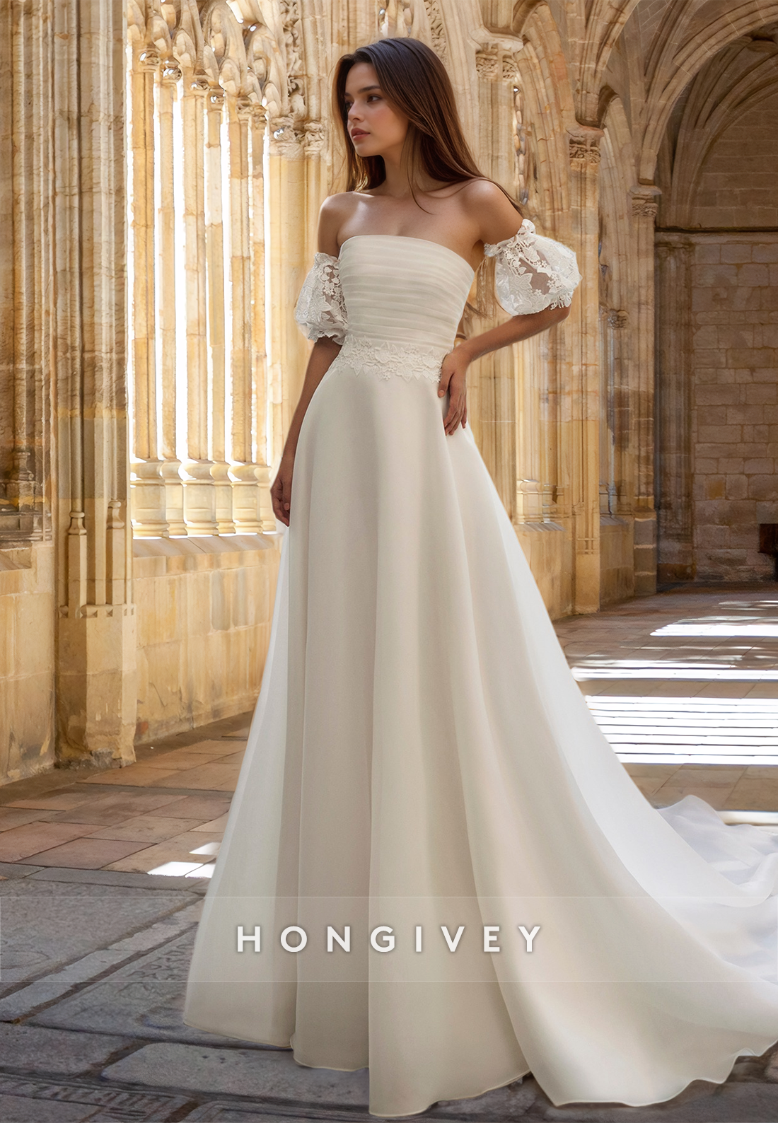 Chic Ruched Short Sleeves Strapless A-Line Tulle Wedding Dress HONGIVEY