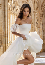 Chic Ruched Short Sleeves Strapless A-Line Tulle Wedding Dress HONGIVEY