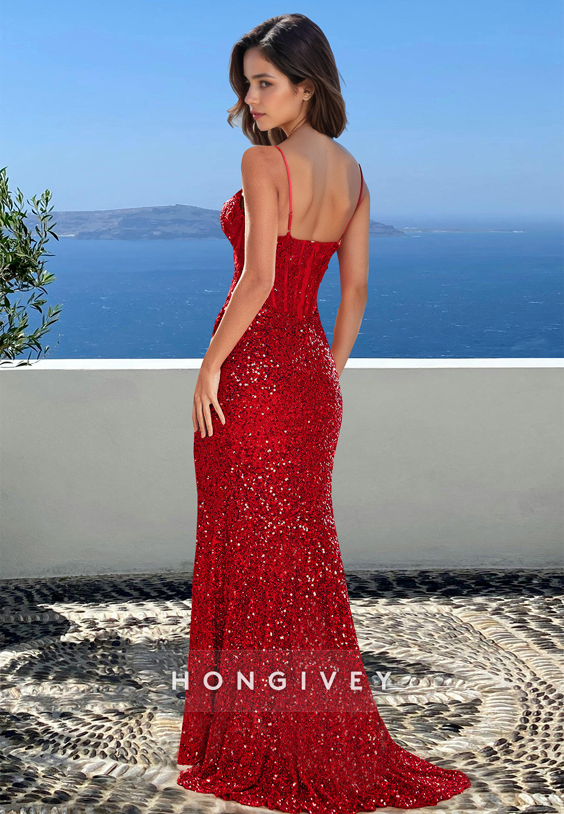 Sequined Stunning Red Spaghetti Straps Formal Evening Dress Party Gown