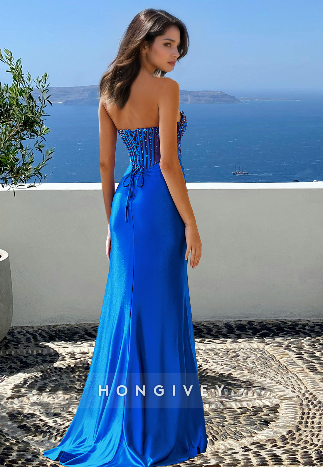 Chic Beaded Blue Sweetheart Sheath Strapless Evening Dress Party Gown