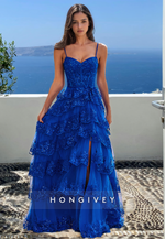 Blue Applique Tiered A-Line Spaghetti Straps Prom Dress Ball Gown