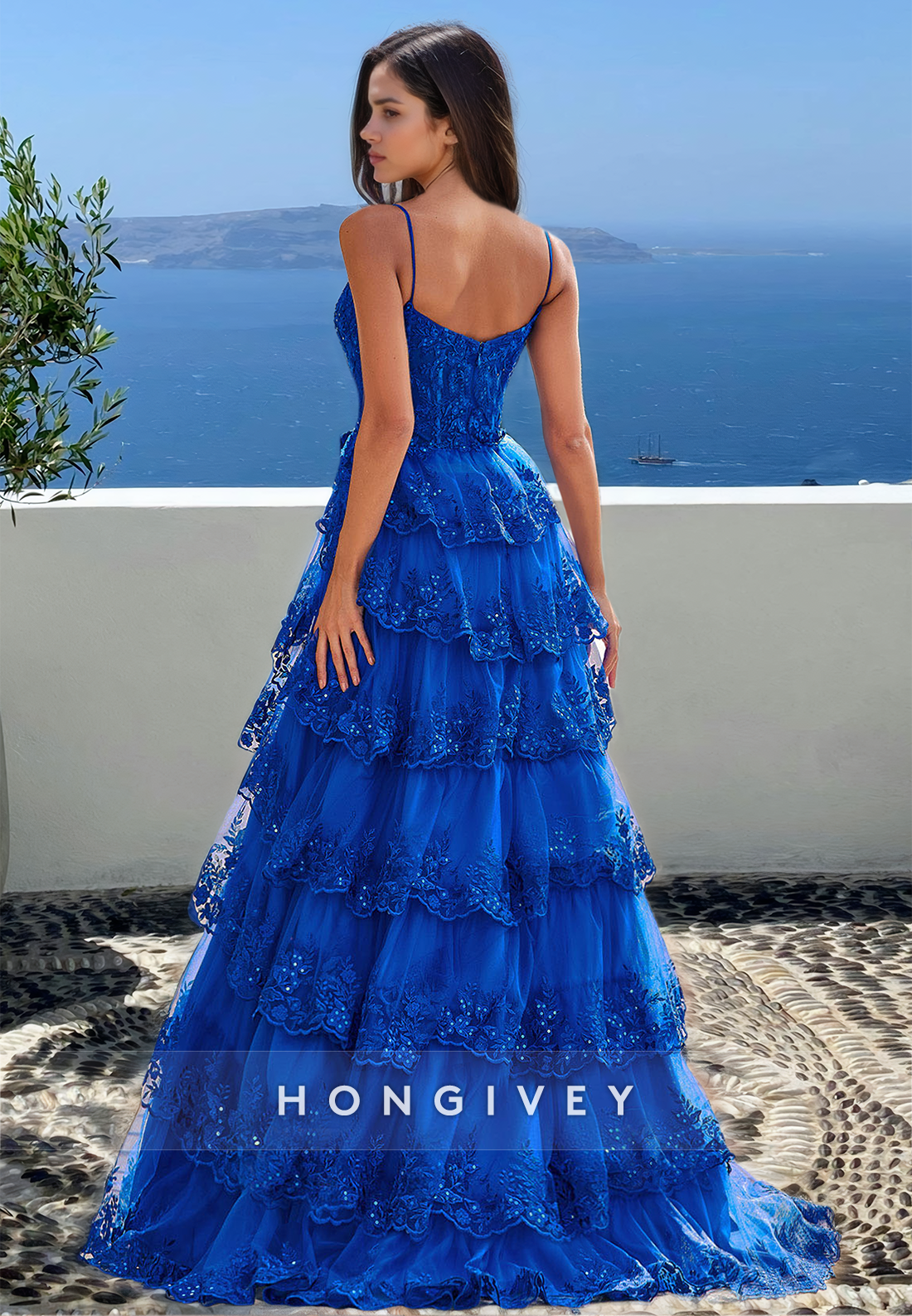 Blue Applique Tiered A-Line Spaghetti Straps Prom Dress Ball Gown