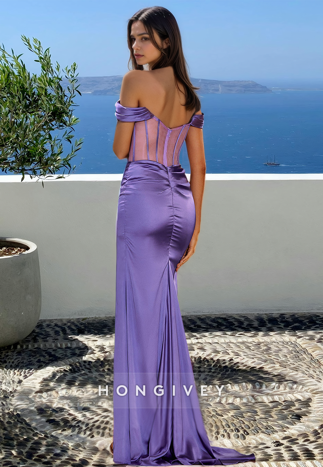 Sexy Sheer Purple Ruched Off-Shoulder with Slit Formal Evening Dress