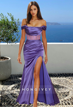 Sexy Sheer Purple Ruched Off-Shoulder with Slit Formal Evening Dress