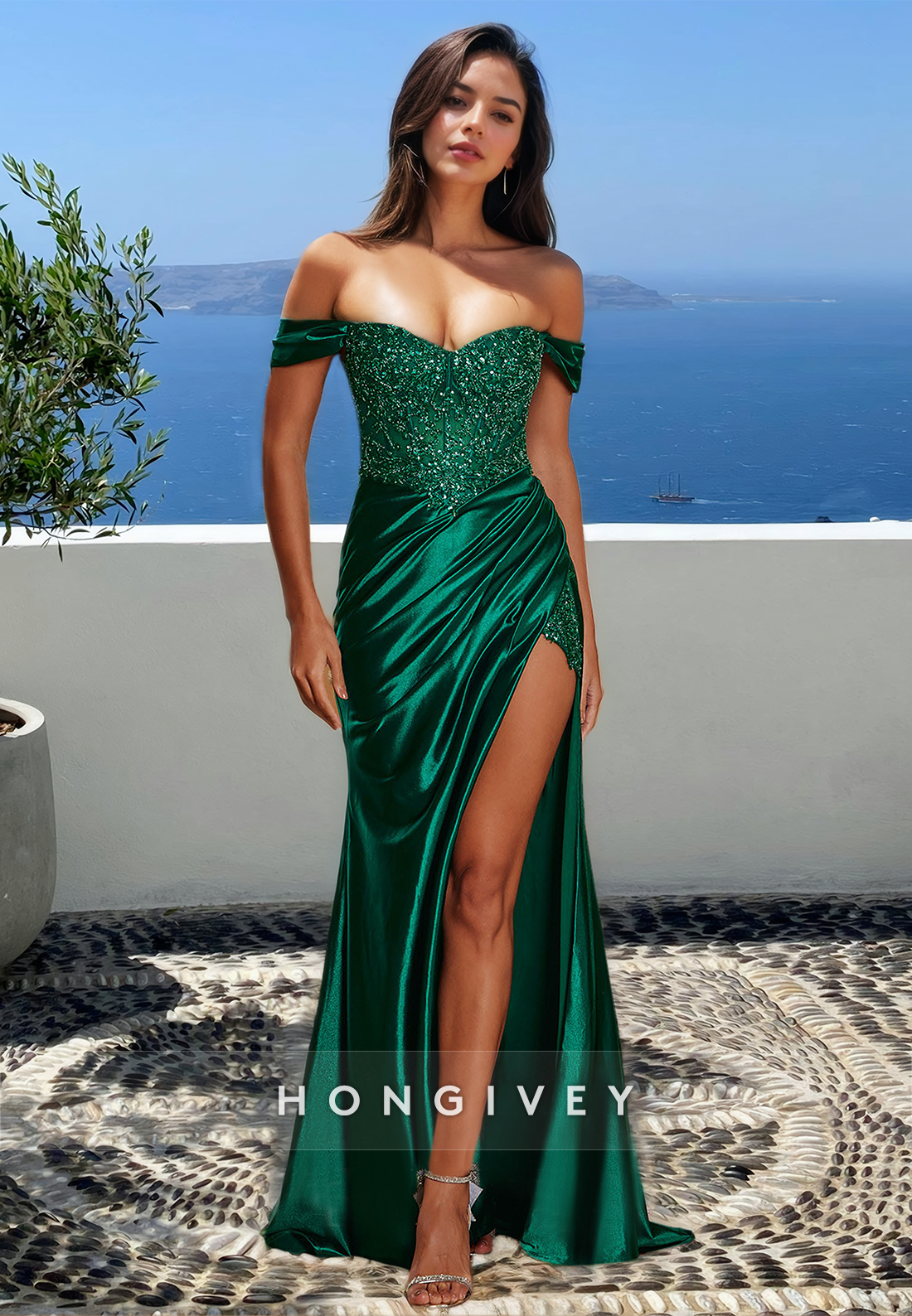 Green Off-Shoulder Applique Beaded Satin with Slit Evening Dress Gown