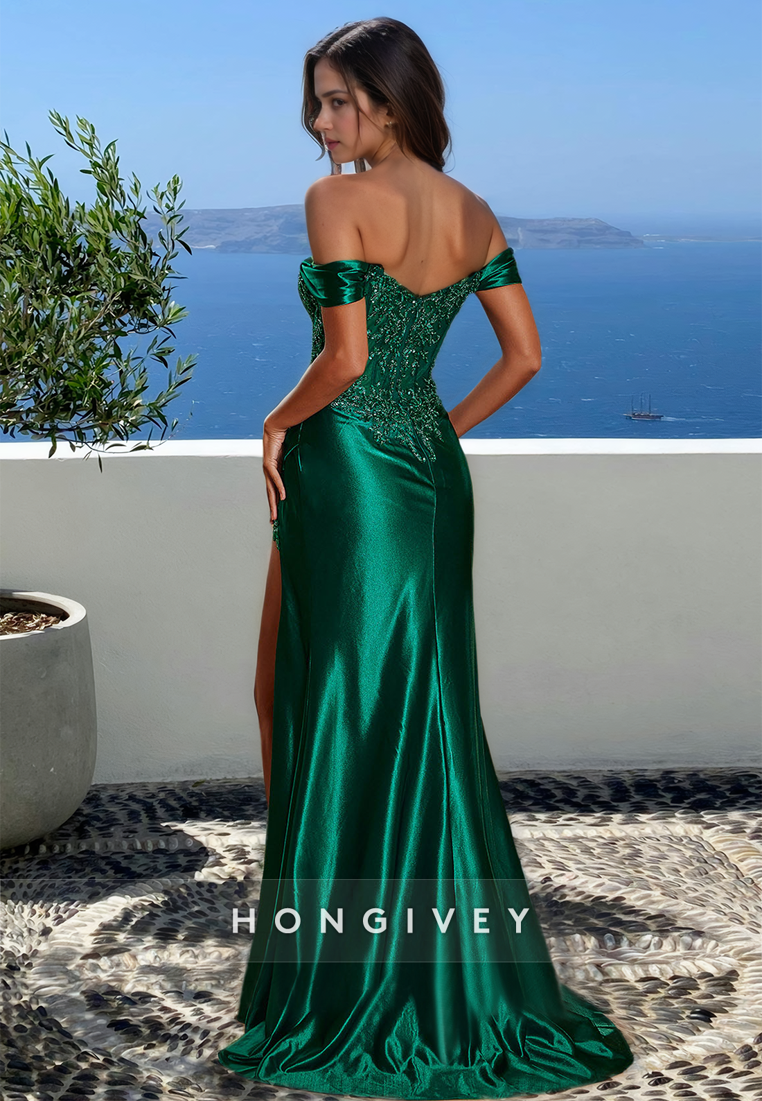 Green Off-Shoulder Applique Beaded Satin with Slit Evening Dress Gown