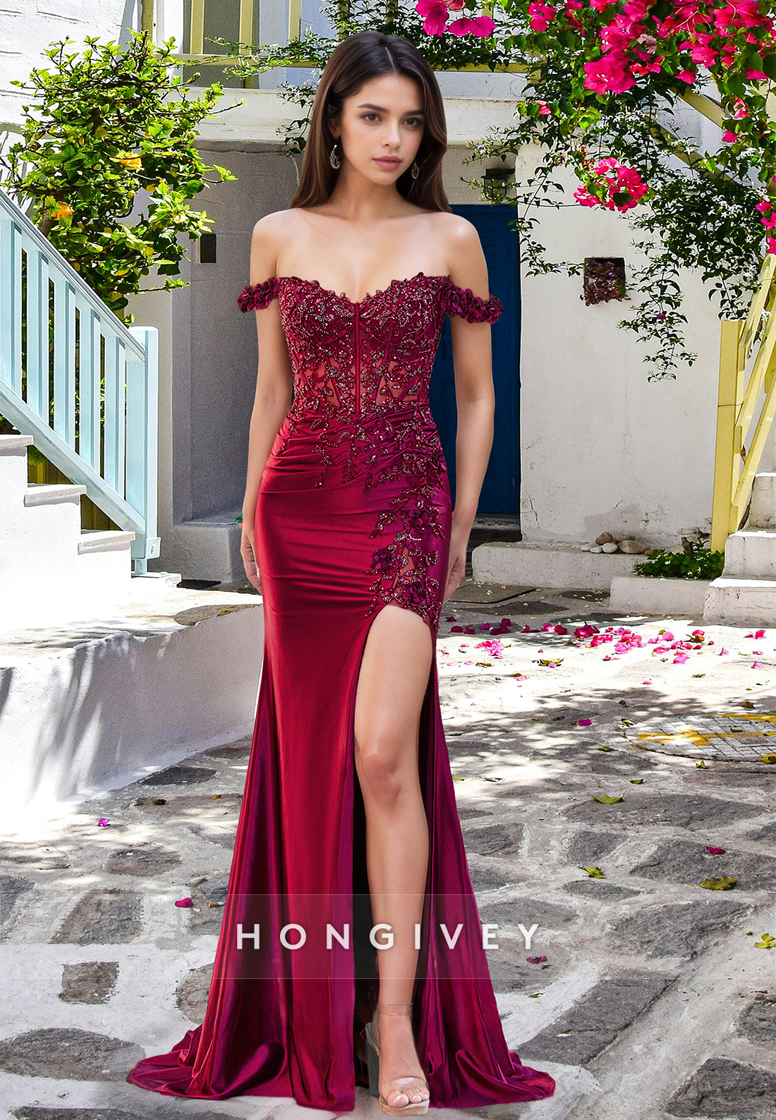 Sexy Red High Slit Applique Beaded Trumpet Formal Evening Dress HONGIVEY