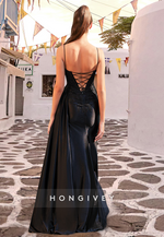 Chic Black Spaghetti Straps Applique Slit Formal Evening Dress Party Gown