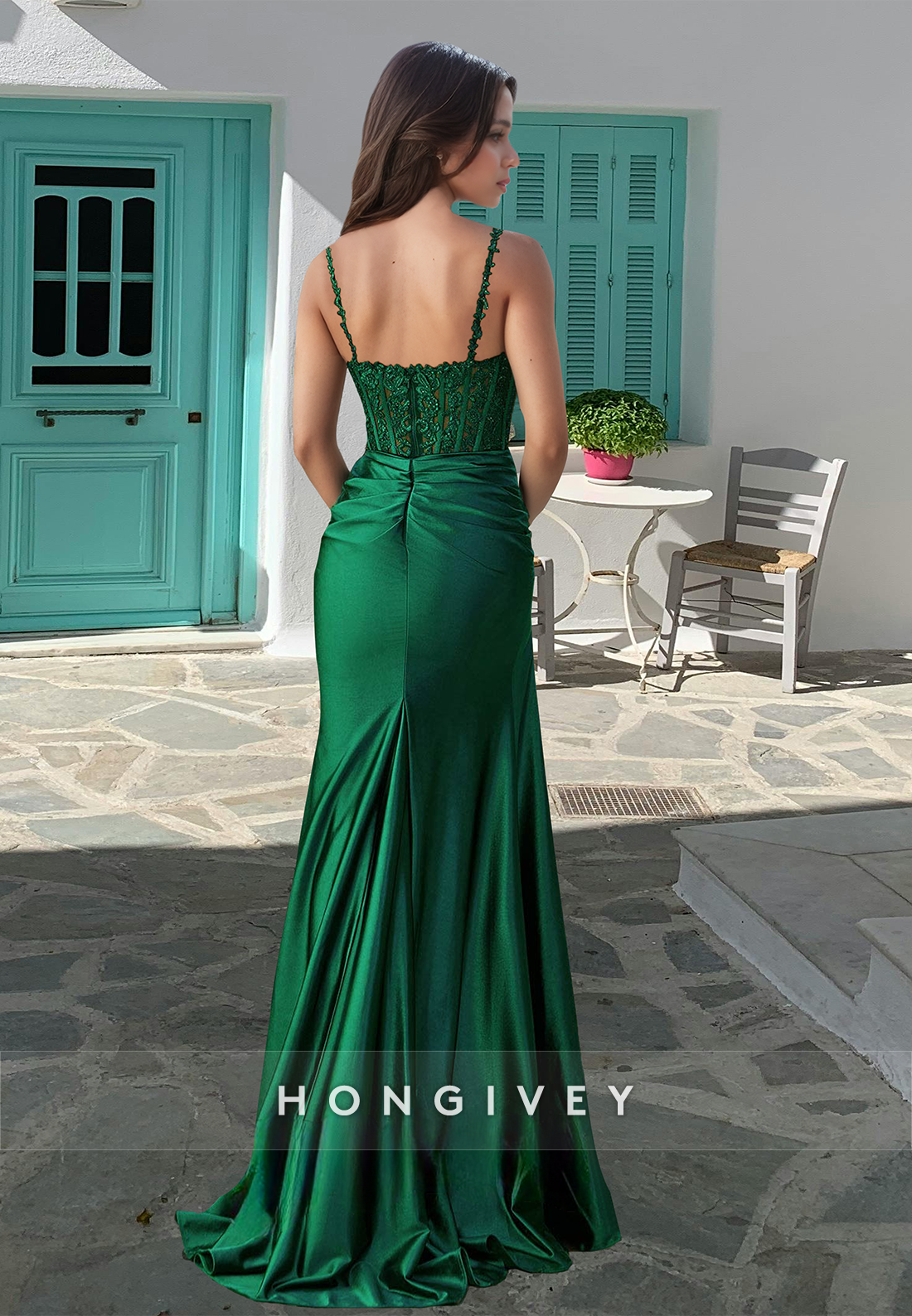 Square Straps Dark Green Applique with Slit Formal Evening Dress HONGIVEY