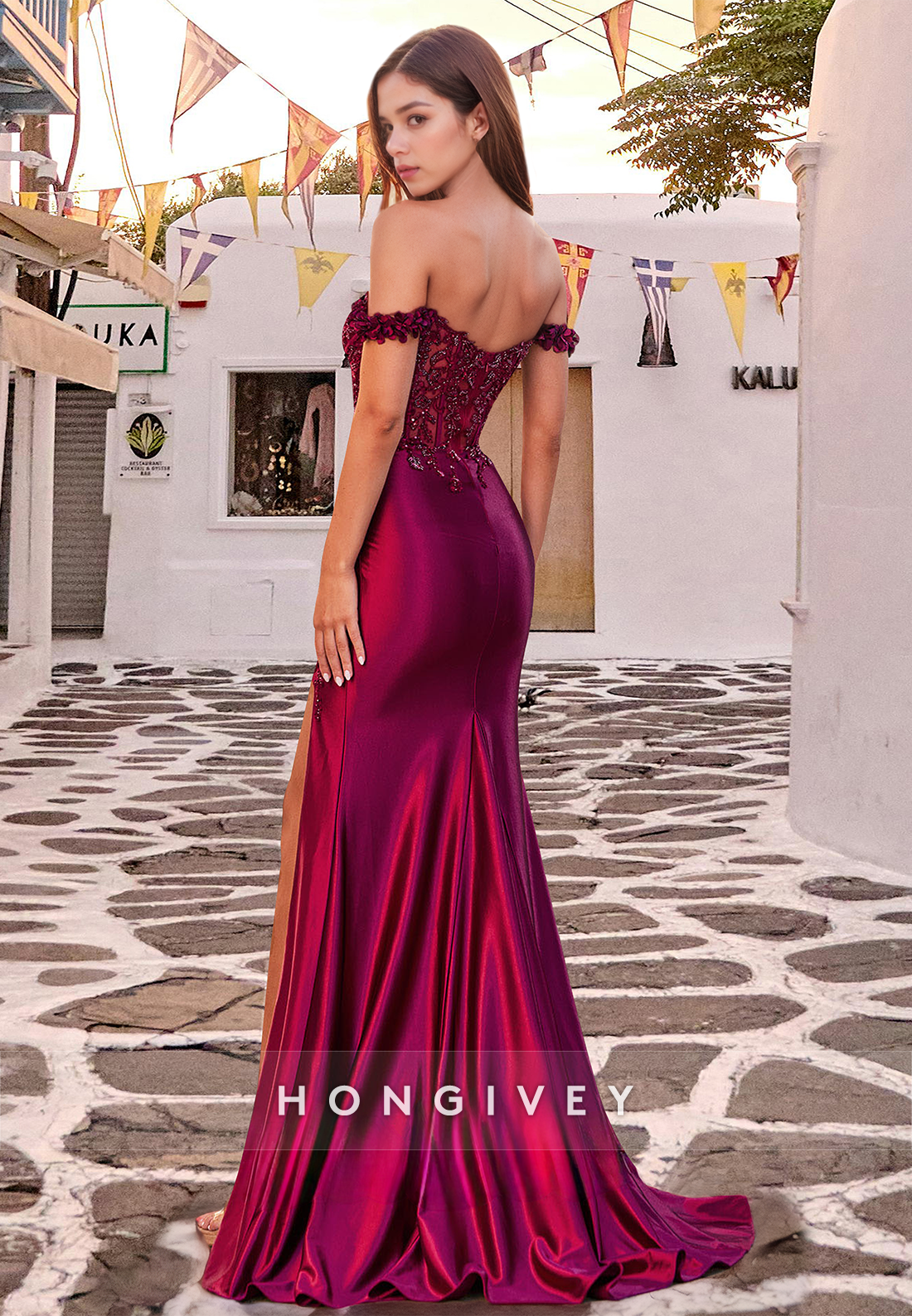 Sexy Red High Slit Applique Beaded Trumpet Formal Evening Dress HONGIVEY