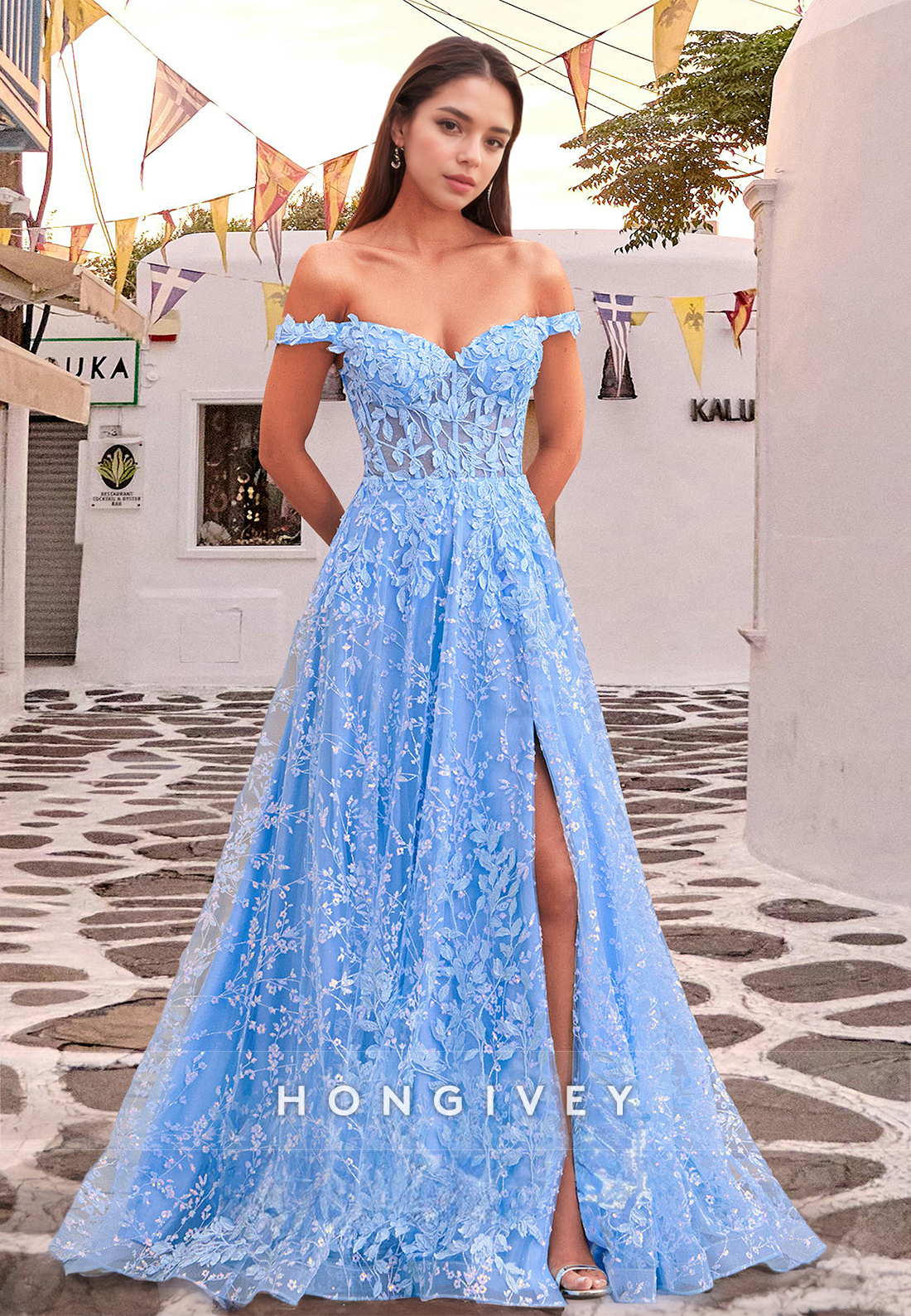 Floral Off-Shoulder Blue Long Prom Dress 2025 New Ball Gown HONGIVEY